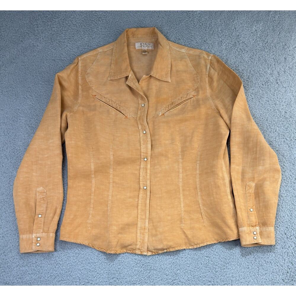 Ryan Michael Women L Silk Linen Western Ranch Melon Orange Snap On Button Shirt